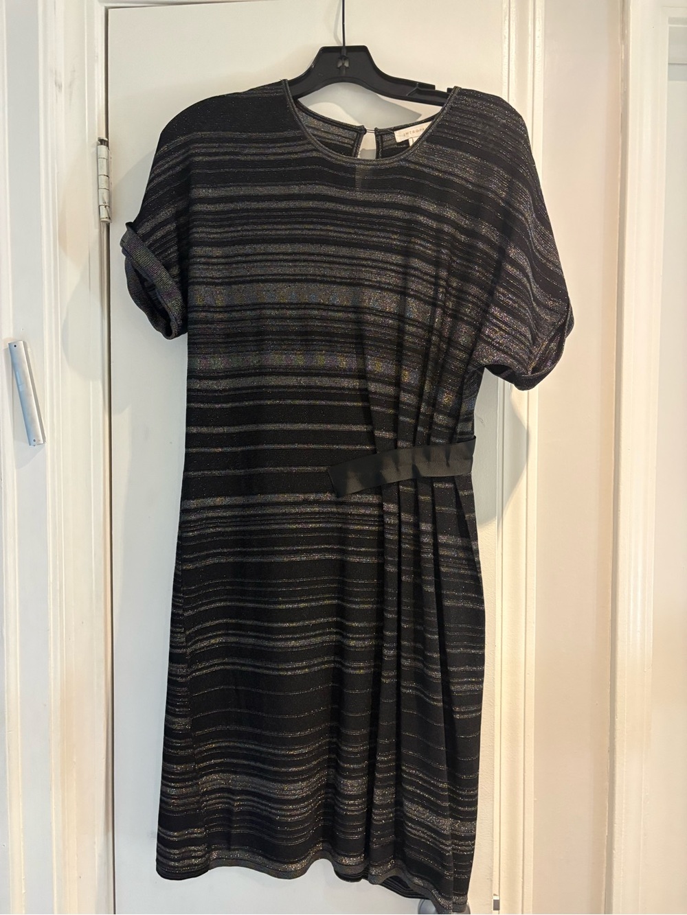 Anthropologie Black and Silver Striped Short-Sleeve Dress